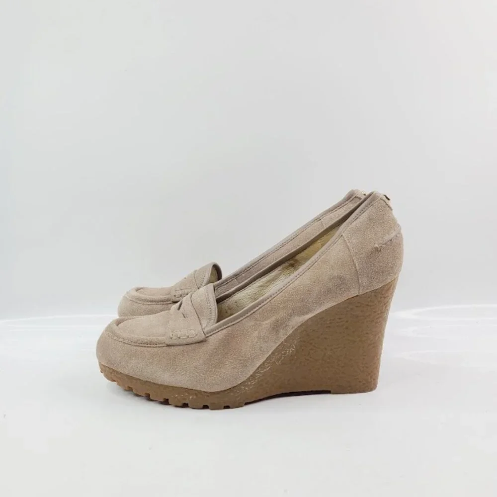 Michael Kors Women's Taupe Rory Leather Wedge‎ Platform Loafer Shoes Size 9.5M